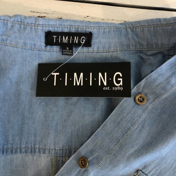 Timing Button Up Denim Collared Top Rollup Sleeves - Picture 6 of 8